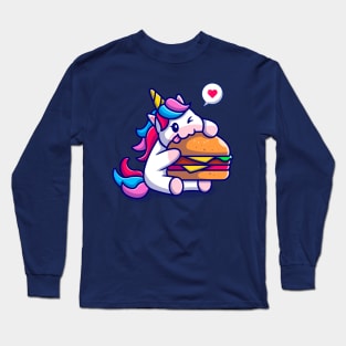 Cute Unicorn Eating Burger Cartoon Long Sleeve T-Shirt